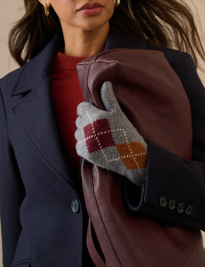 Grey Argyle Wool-Blend Longline Glove