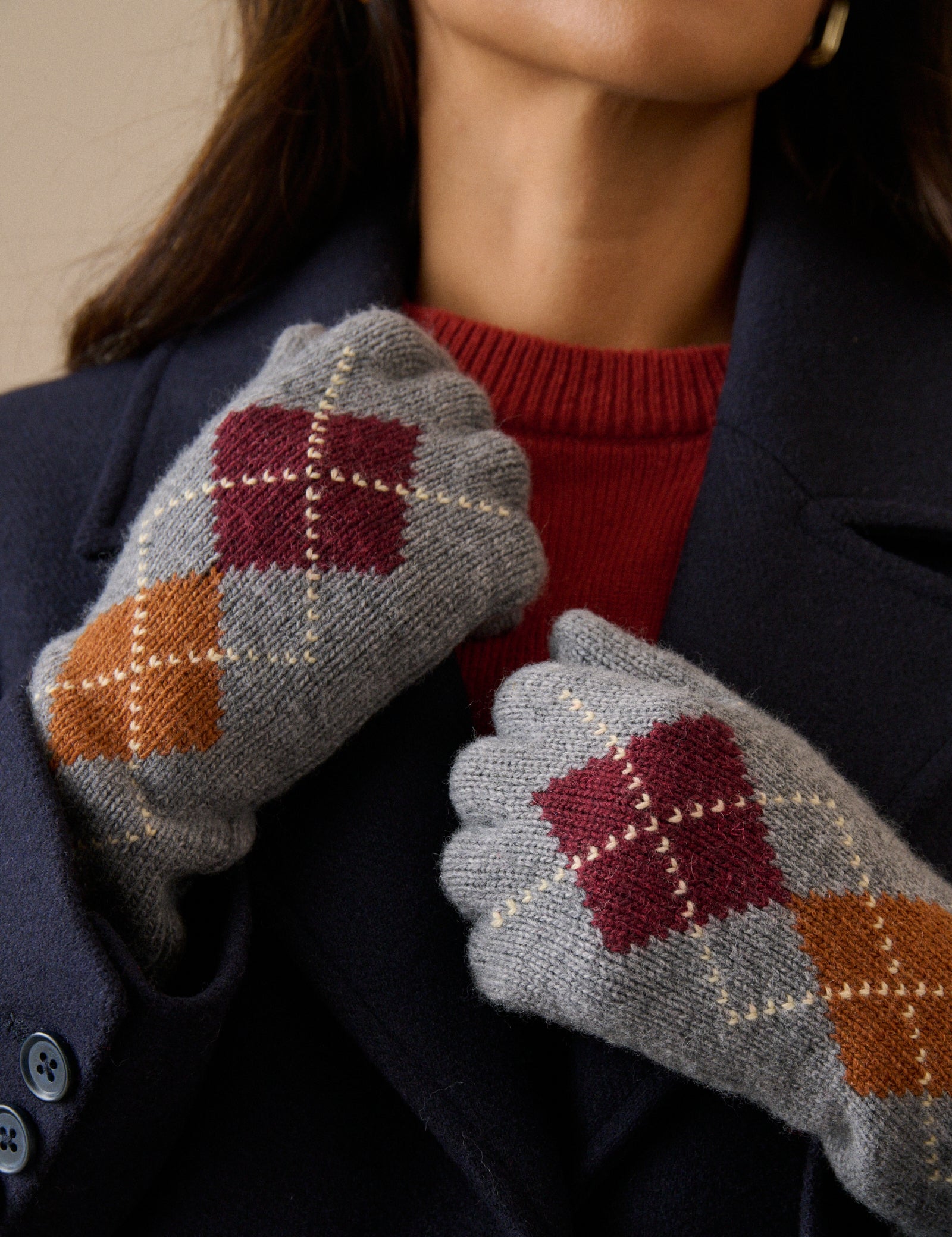 Grey Argyle Wool-Blend Longline Glove