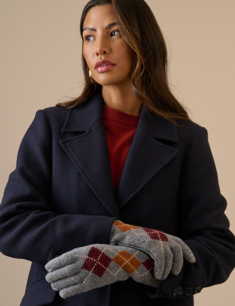 Grey Argyle Wool-Blend Longline Glove