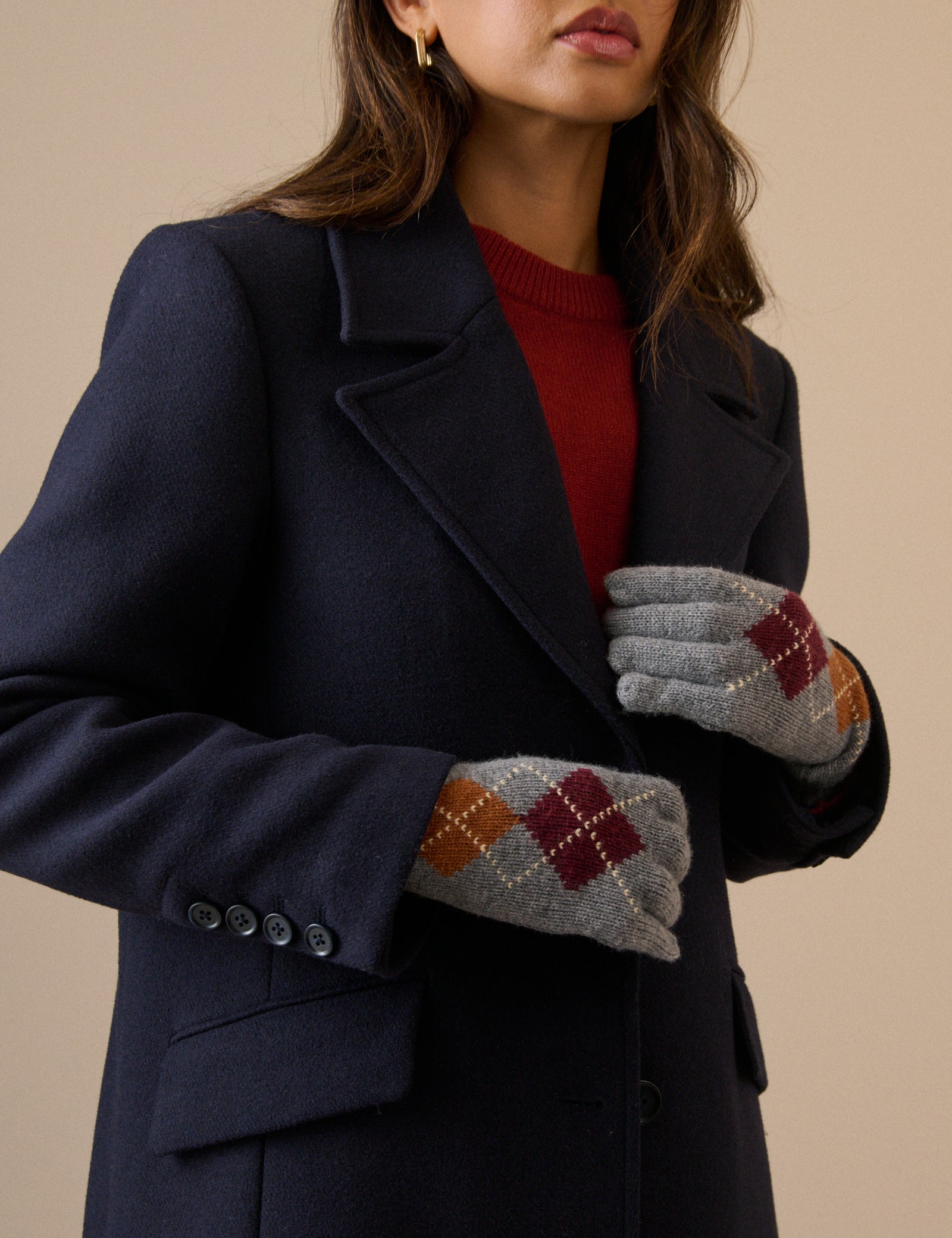 Grey Argyle Wool-Blend Longline Glove