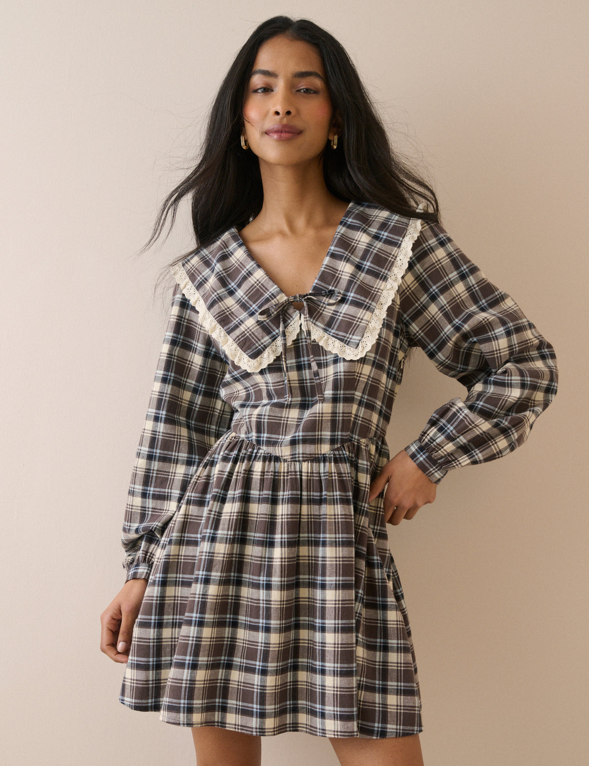 Brown Tartan Oversized Collared Kia Mini Dress