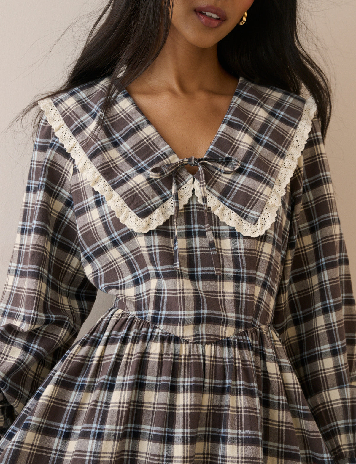 Brown Tartan Oversized Collared Kia Mini Dress