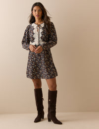 Navy Ditsy Floral Lace Trim Priscilla Mini Dress