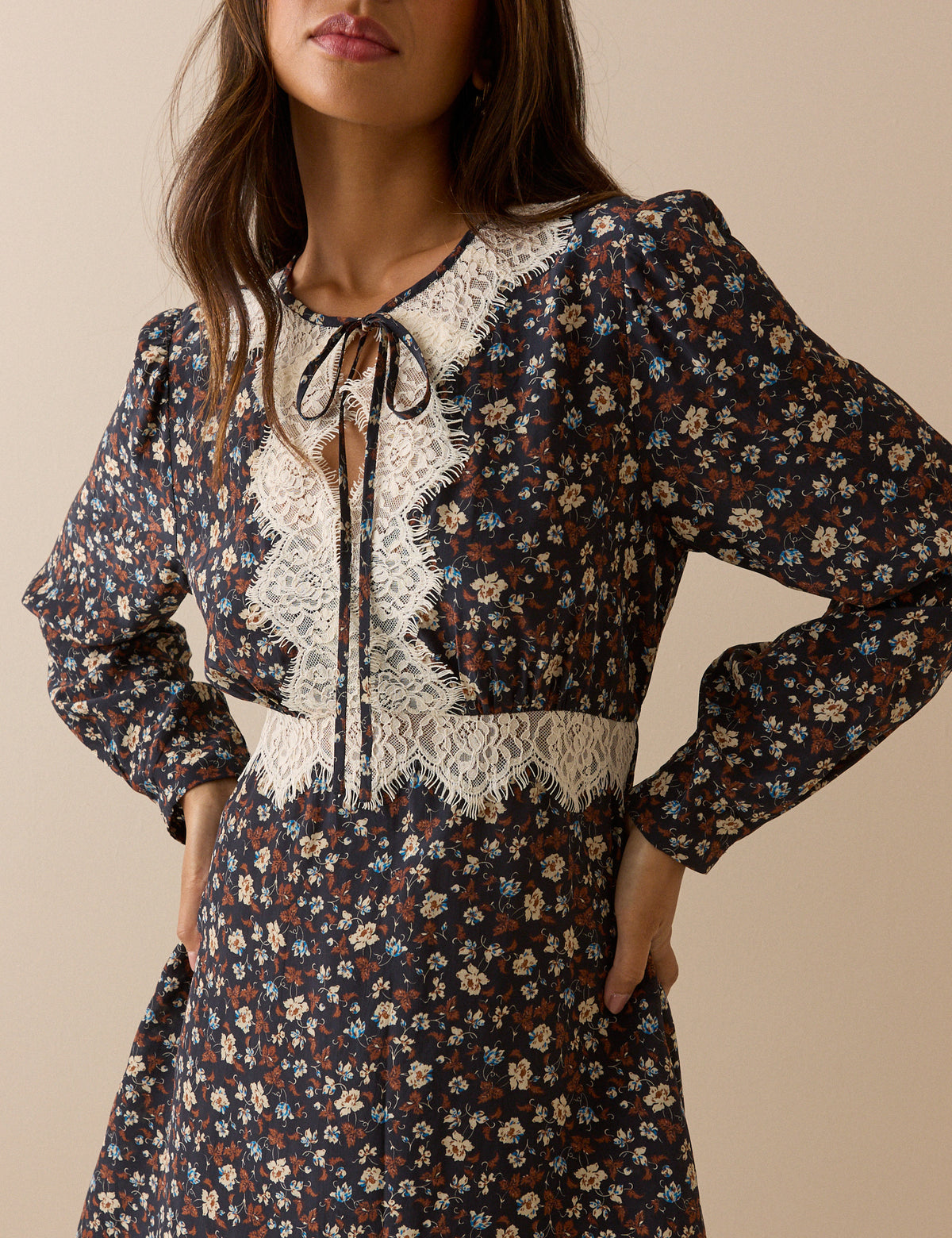 Navy Ditsy Floral Lace Trim Priscilla Mini Dress