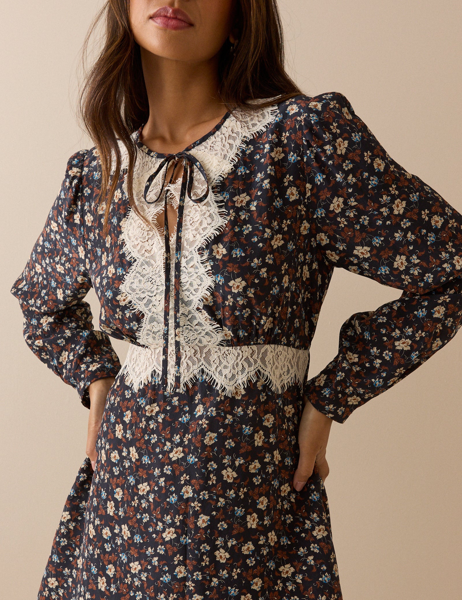 Navy Ditsy Floral Lace Trim Priscilla Mini Dress