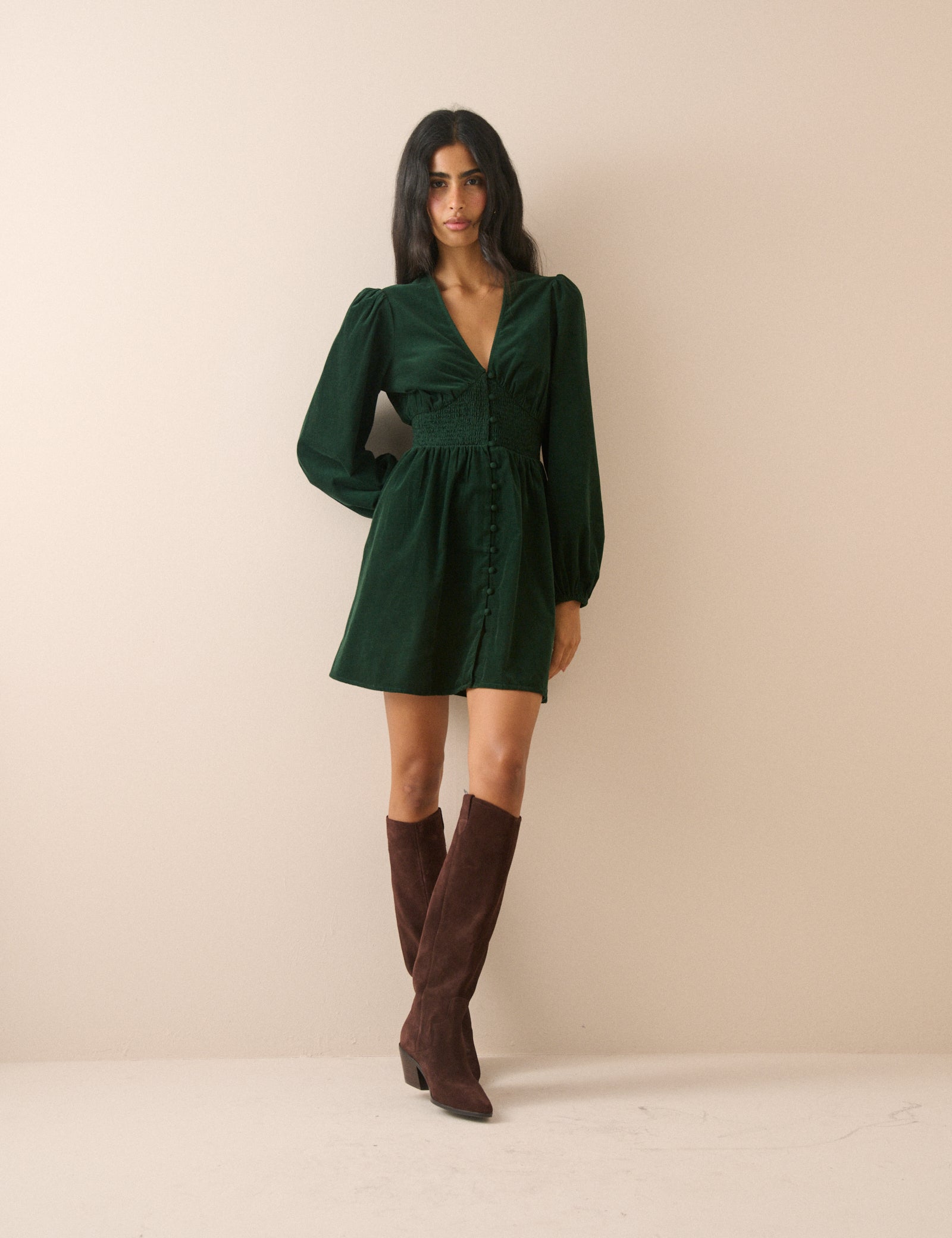 Emerald Green Balloon Sleeve Riley Cord Mini Dress