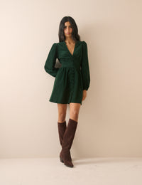 Emerald Green Balloon Sleeve Riley Cord Mini Dress
