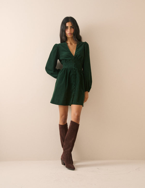 Emerald Green Balloon Sleeve Riley Cord Mini Dress