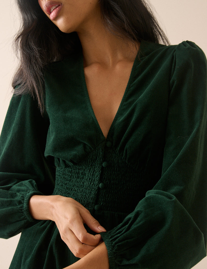 Emerald Green Balloon Sleeve Riley Cord Mini Dress