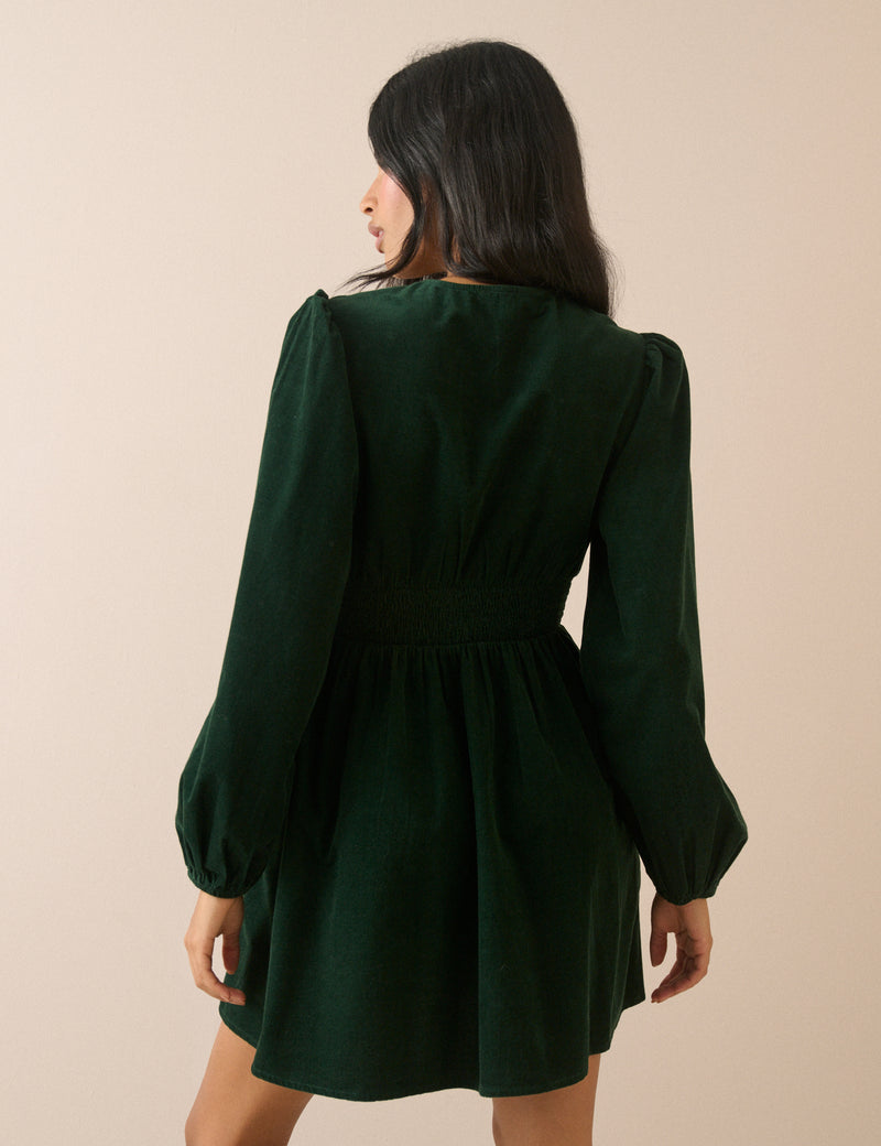 Emerald Green Balloon Sleeve Riley Cord Mini Dress
