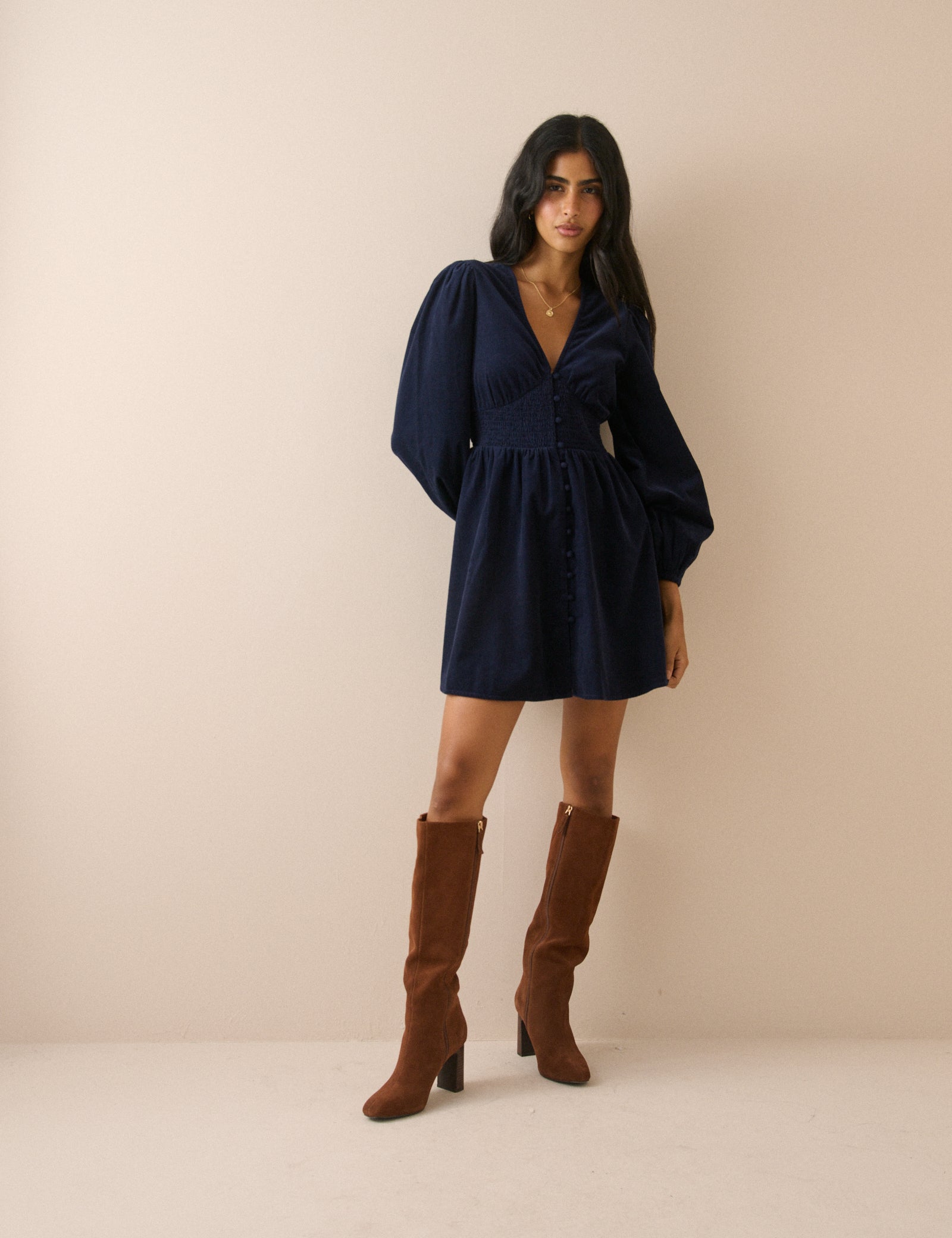 Navy Balloon Sleeve Riley Cord Mini Dress