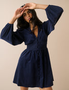 Navy Balloon Sleeve Riley Cord Mini Dress