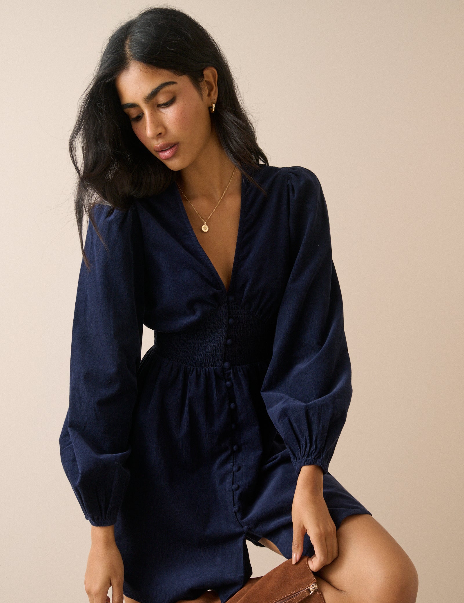 Navy Balloon Sleeve Riley Cord Mini Dress