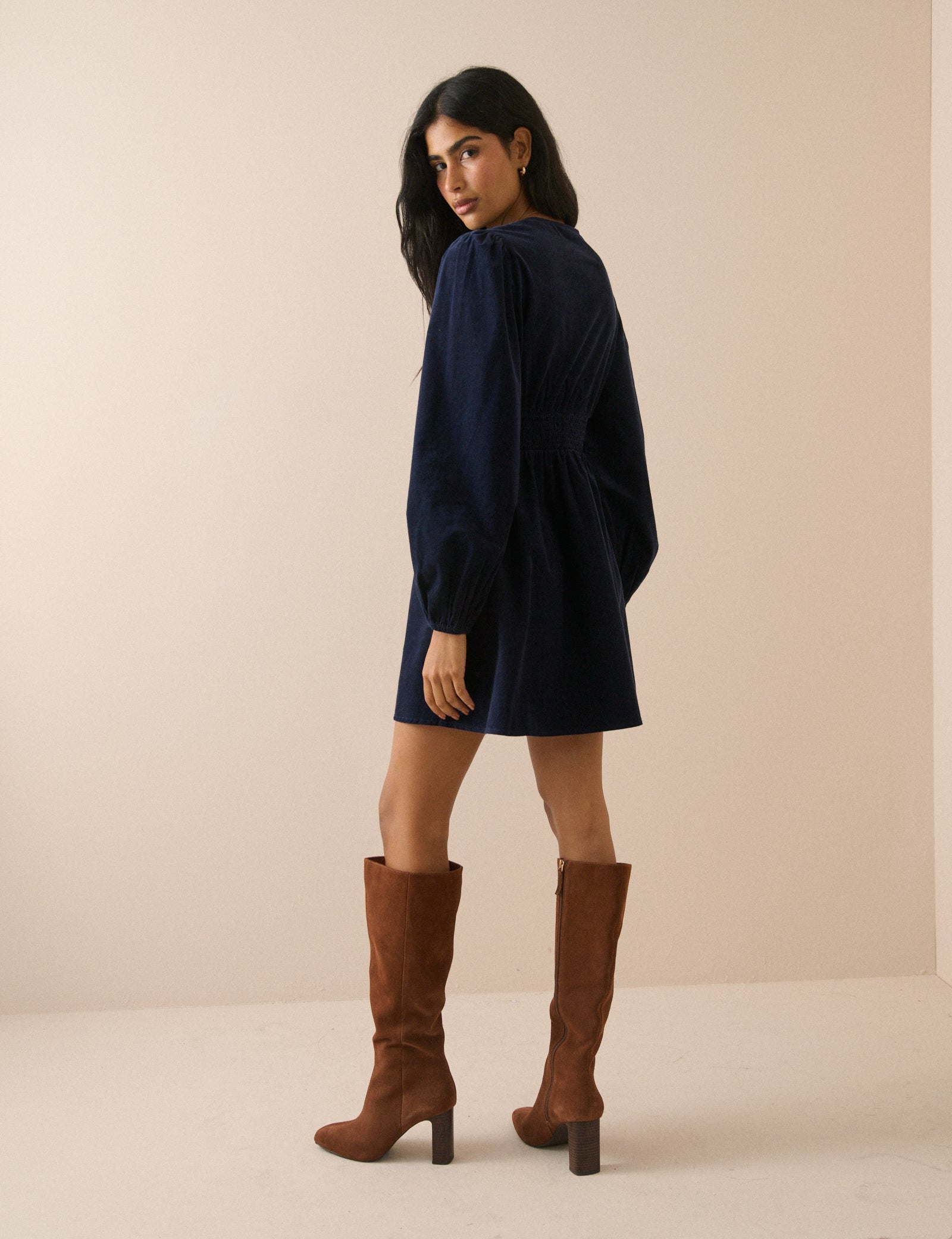 Navy Balloon Sleeve Riley Cord Mini Dress