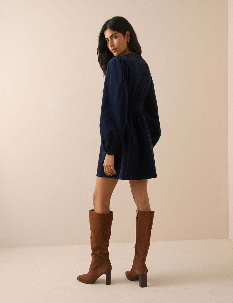 Navy Balloon Sleeve Riley Cord Mini Dress