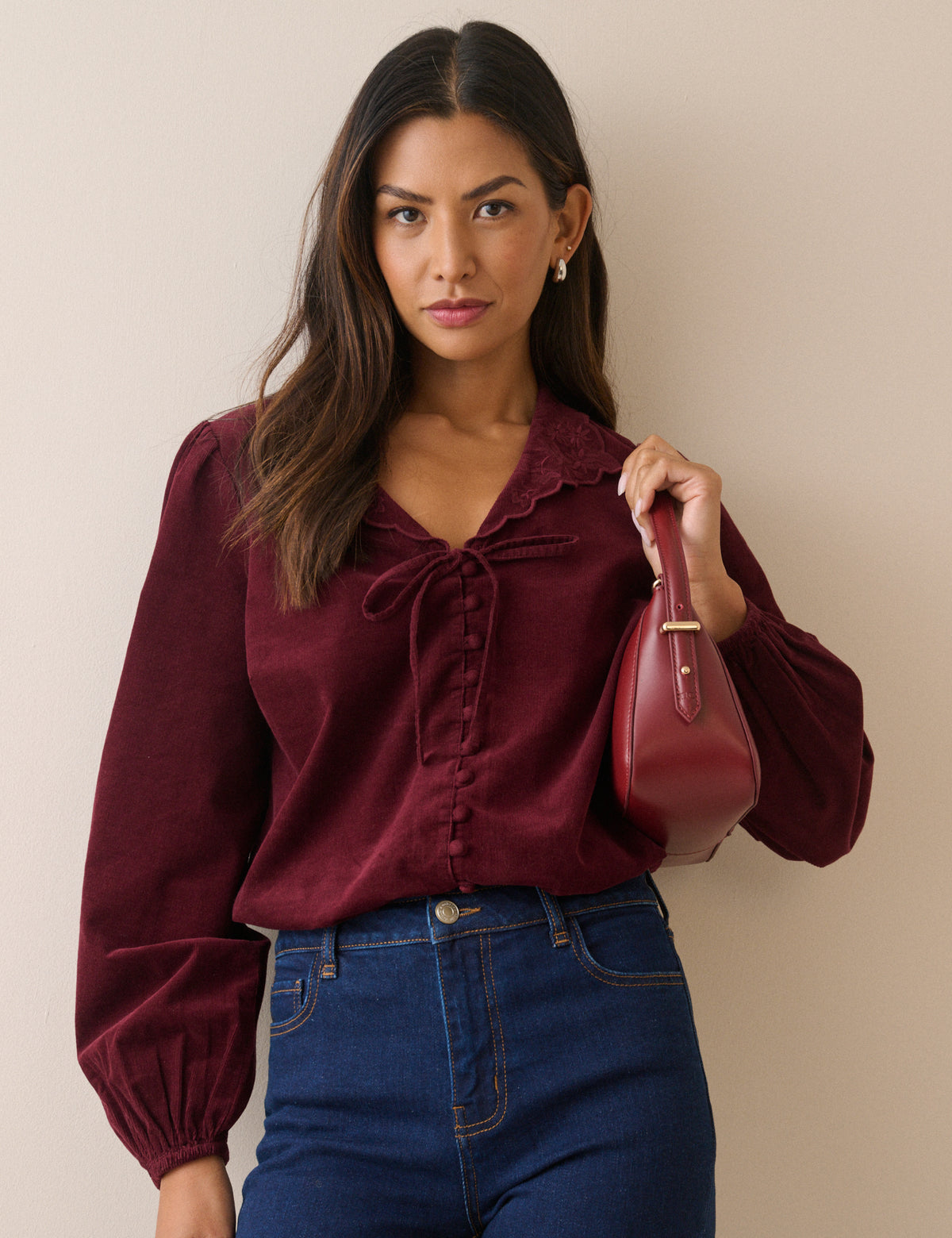Burgundy Floral Embroidered Collar Cord Blouse