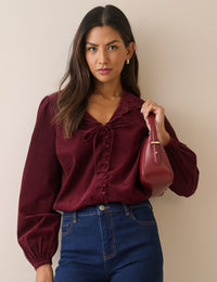 Burgundy Floral Embroidered Collar Cord Blouse
