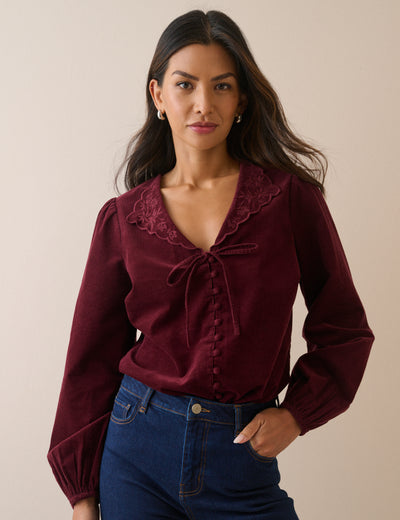 Burgundy Floral Embroidered Collar Cord Blouse