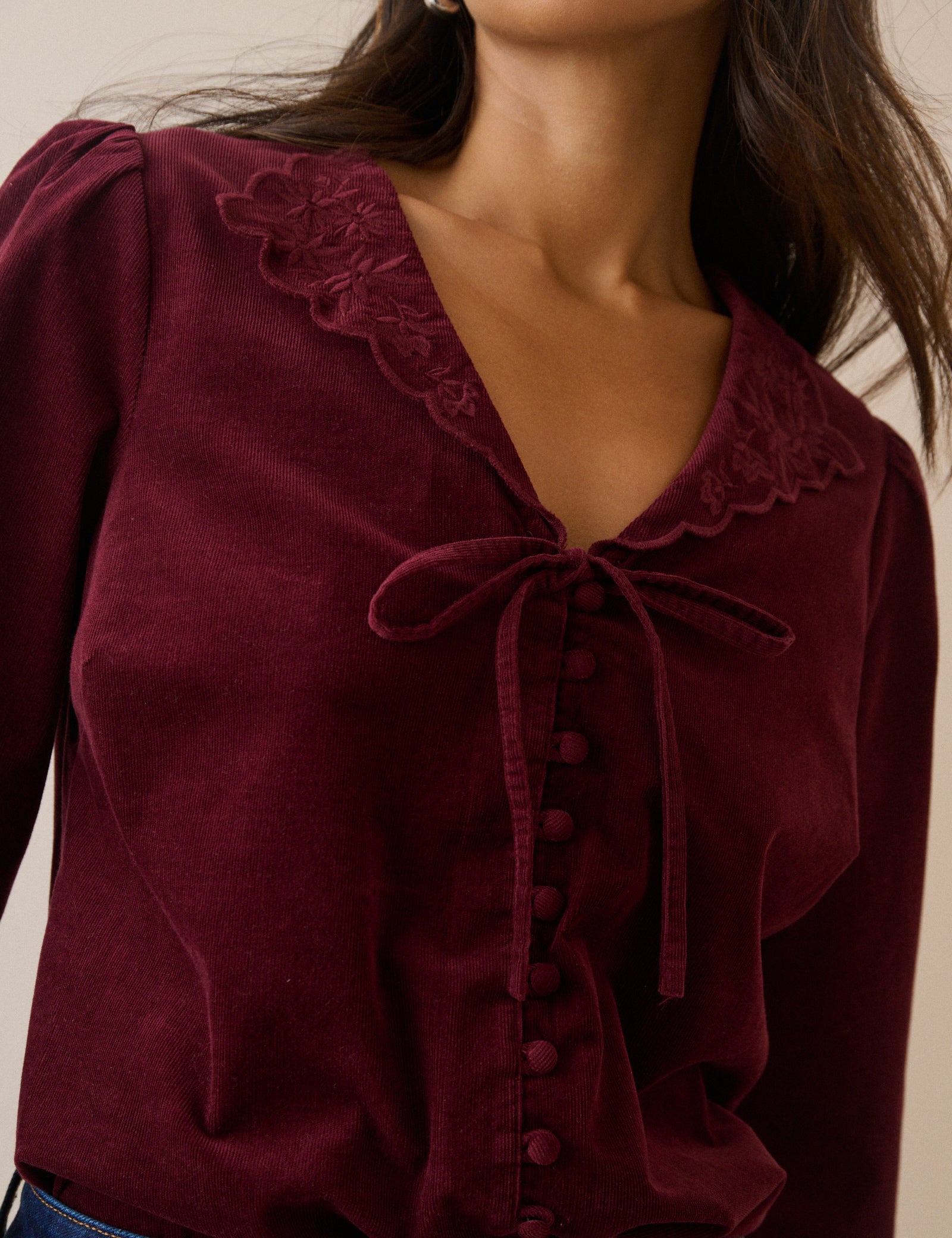 Burgundy Floral Embroidered Collar Cord Blouse