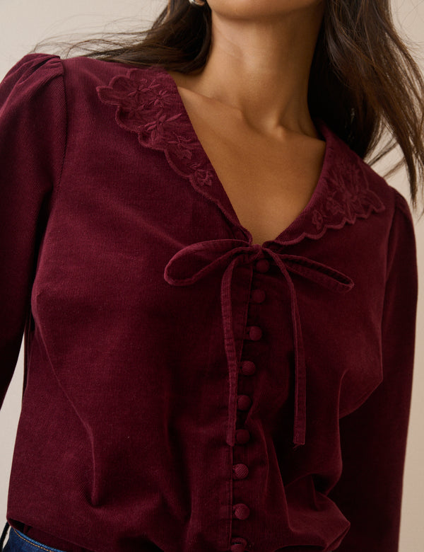 Burgundy Floral Embroidered Collar Cord Blouse