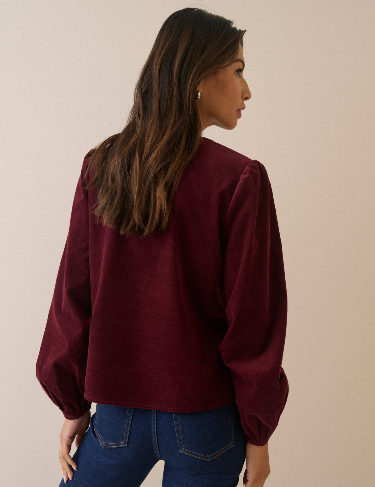 Burgundy Floral Embroidered Collar Cord Blouse