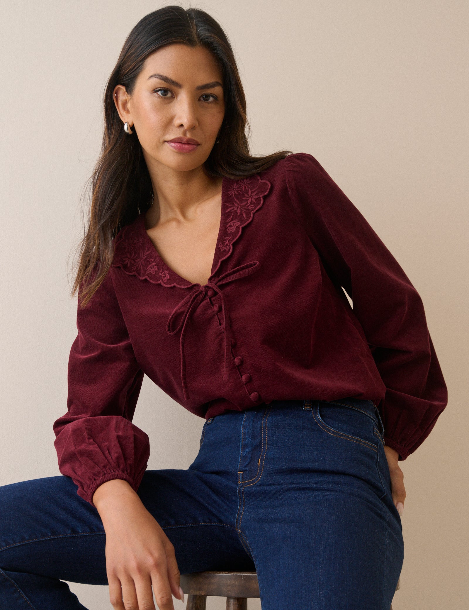 Burgundy Floral Embroidered Collar Cord Blouse
