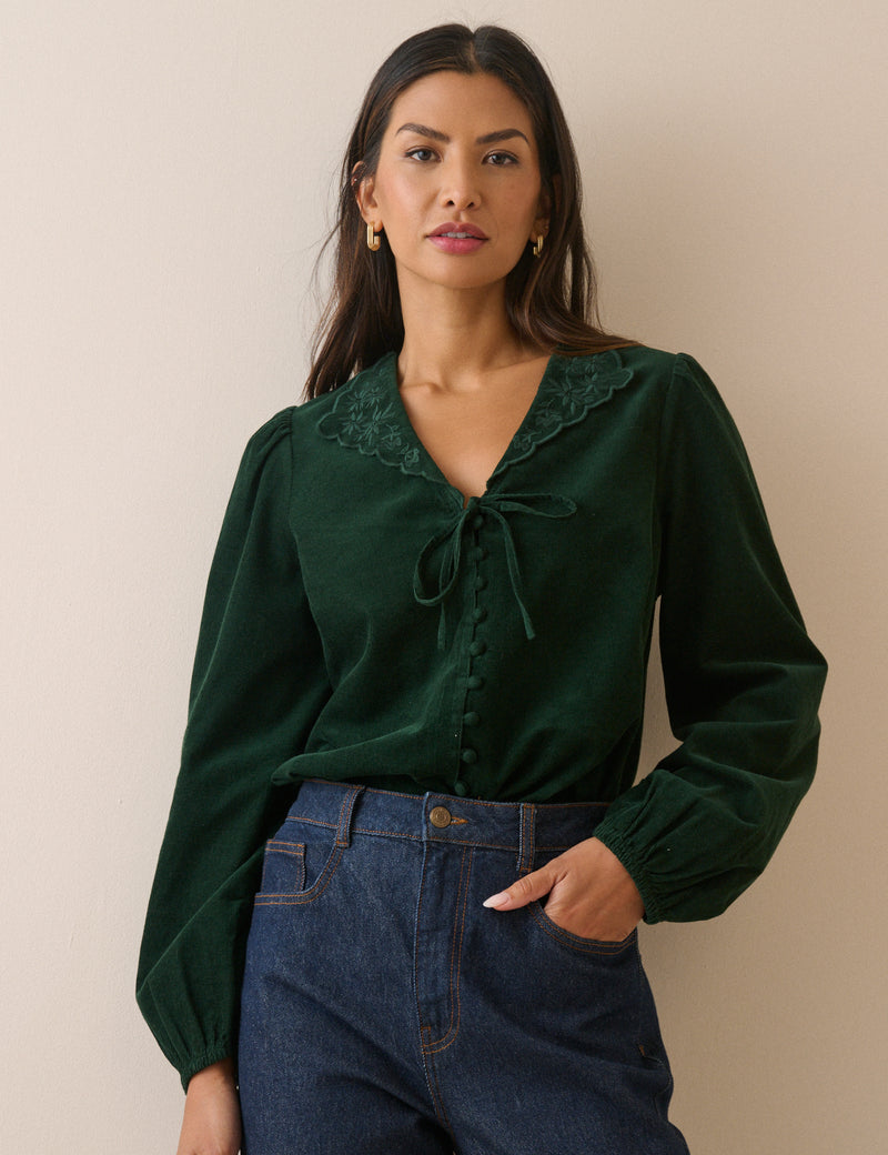Forest Green Floral Embroidered Collar Cord Blouse