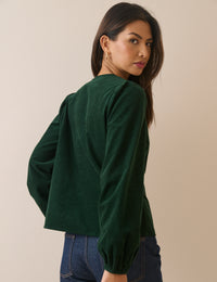 Forest Green Floral Embroidered Collar Cord Blouse