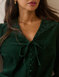 Forest Green Floral Embroidered Collar Cord Blouse