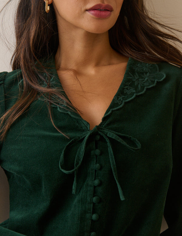 Forest Green Floral Embroidered Collar Cord Blouse
