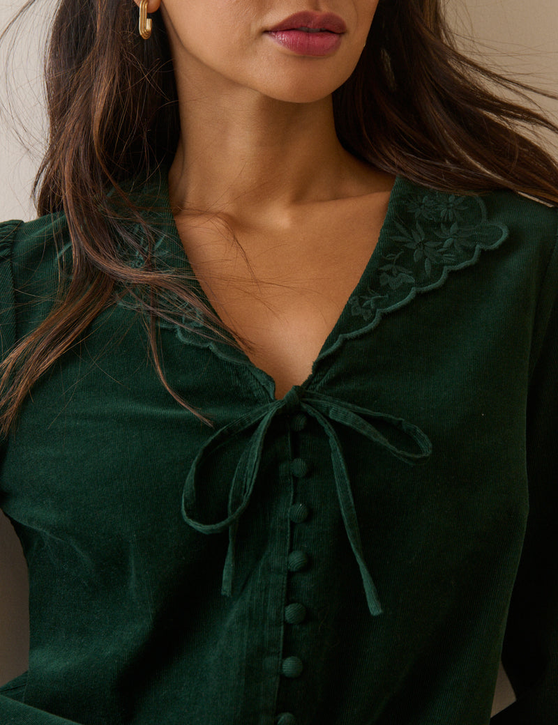 Forest Green Floral Embroidered Collar Cord Blouse