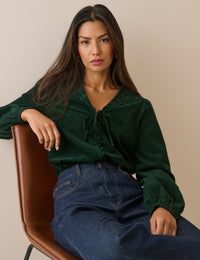 Forest Green Floral Embroidered Collar Cord Blouse
