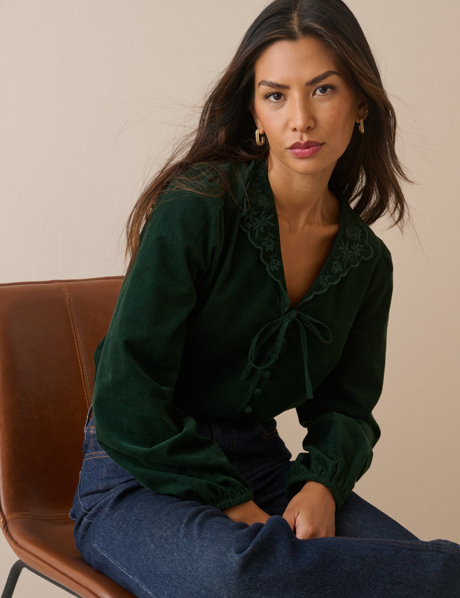 Forest Green Floral Embroidered Collar Cord Blouse