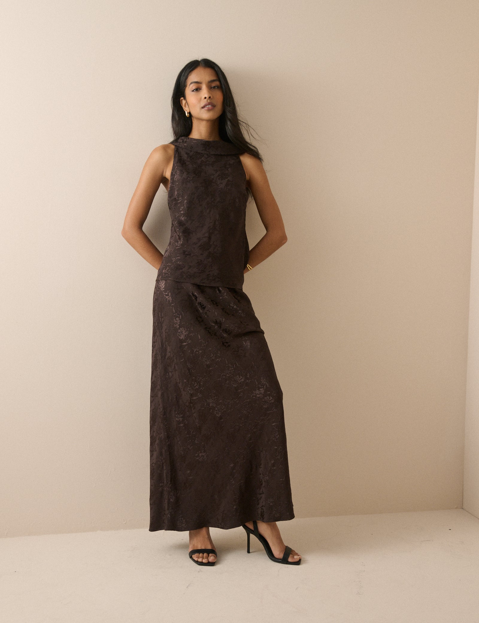 Chocolate Brown Jacquard Floral Satin Leila Top