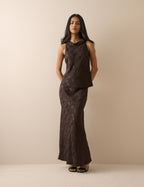 Chocolate Brown Jacquard Floral Satin Leila Slip Skirt