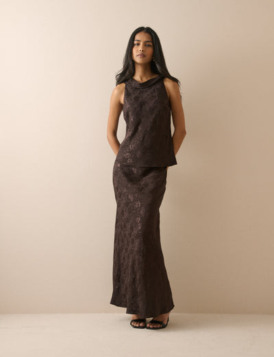 Chocolate Brown Jacquard Floral Satin Leila Slip Skirt