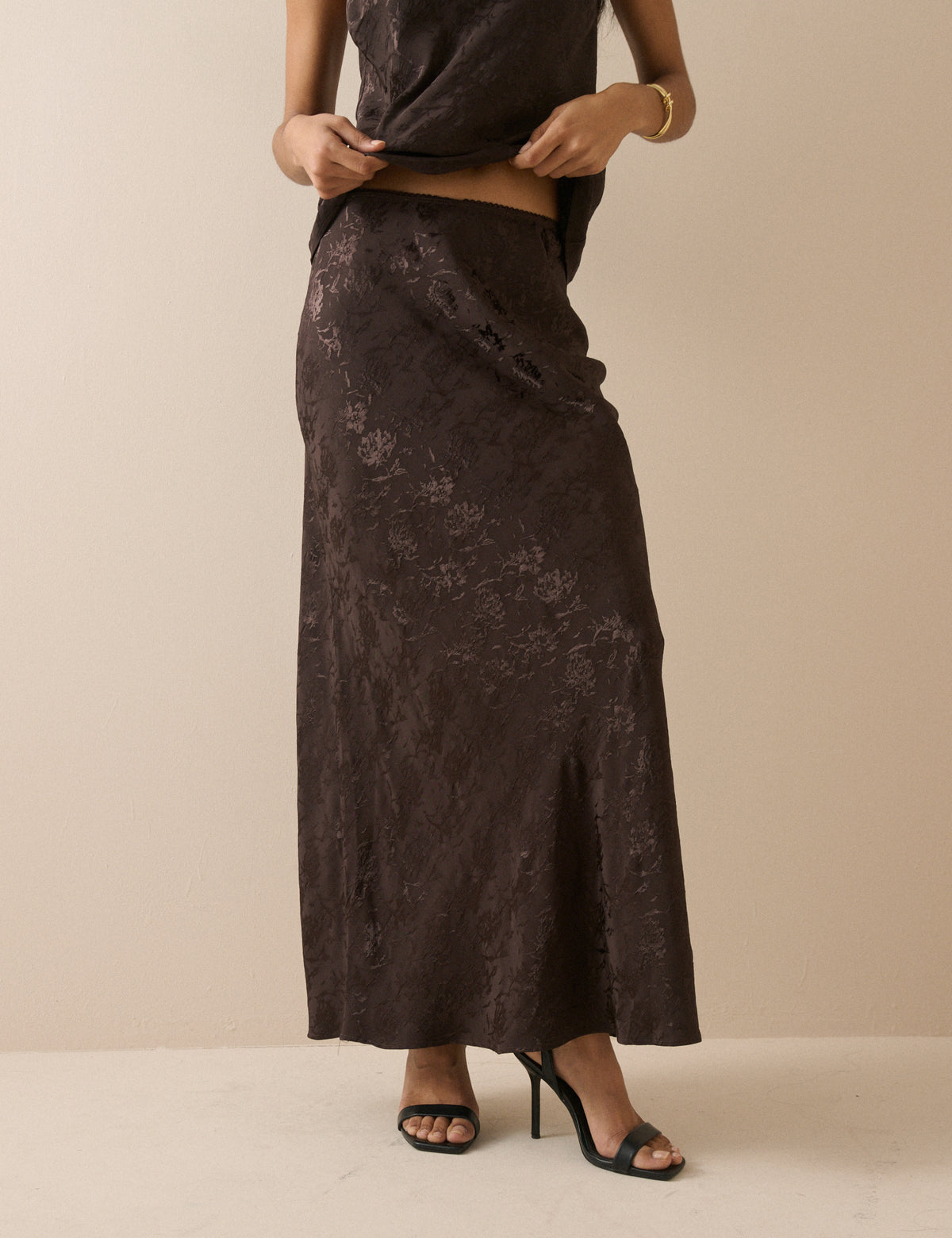 Chocolate Brown Jacquard Floral Satin Leila Slip Skirt