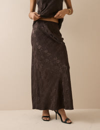 Chocolate Brown Jacquard Floral Satin Leila Slip Skirt