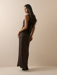 Chocolate Brown Jacquard Floral Satin Leila Slip Skirt