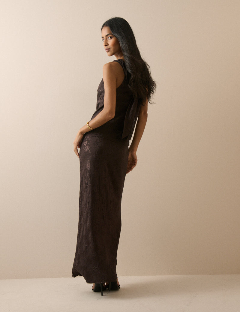 Chocolate Brown Jacquard Floral Satin Leila Slip Skirt