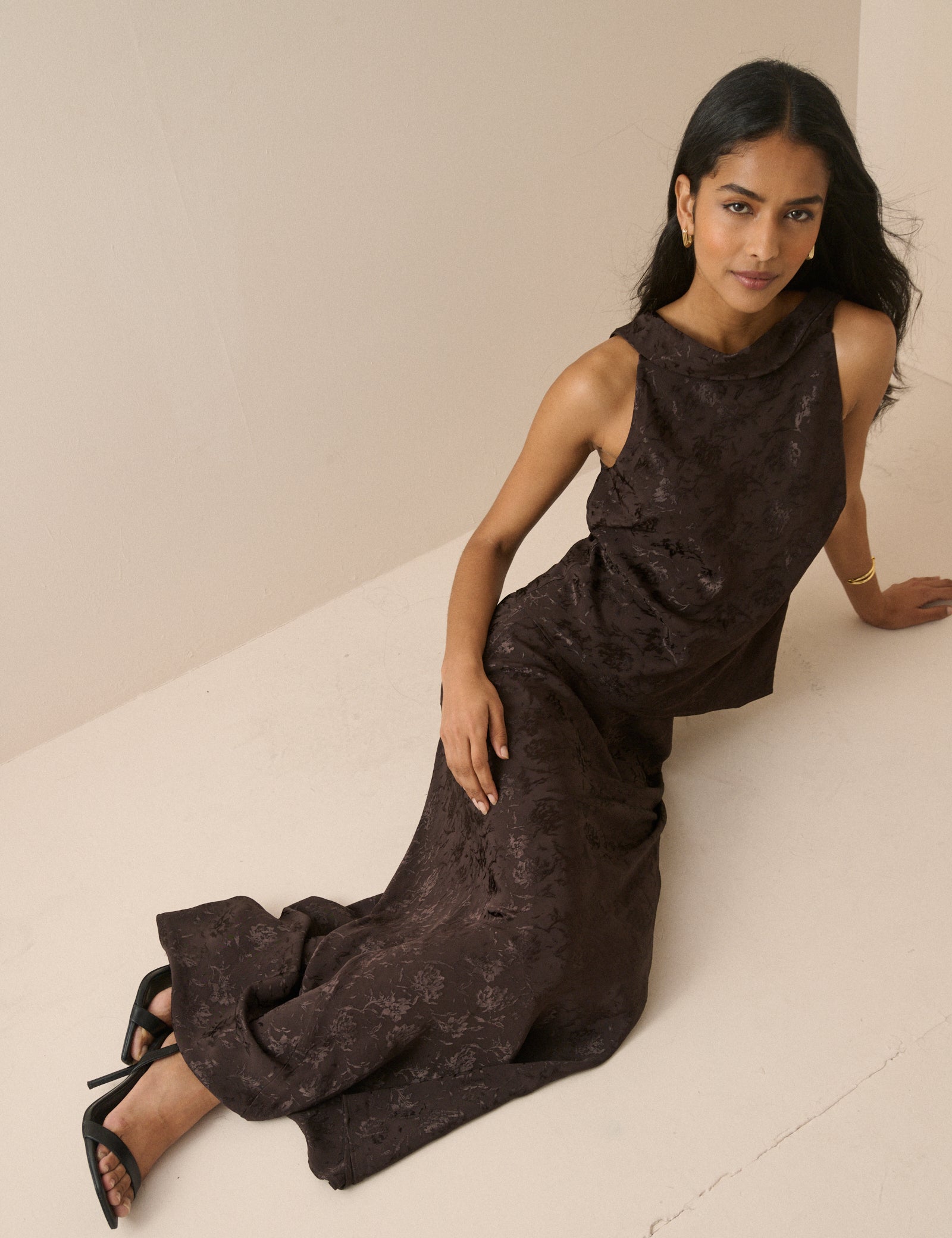 Chocolate Brown Jacquard Floral Satin Leila Slip Skirt