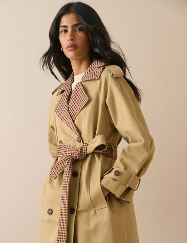 Camel Gingham Trim Trench Coat