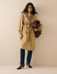 Camel Gingham Trim Trench Coat