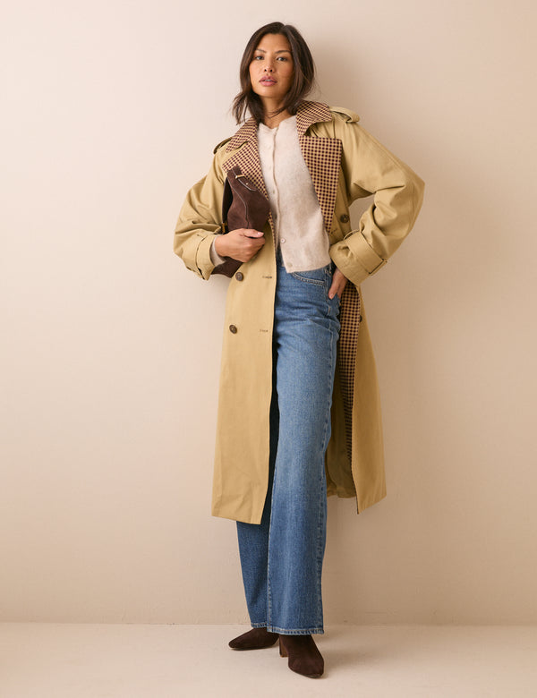 Camel Gingham Trim Trench Coat