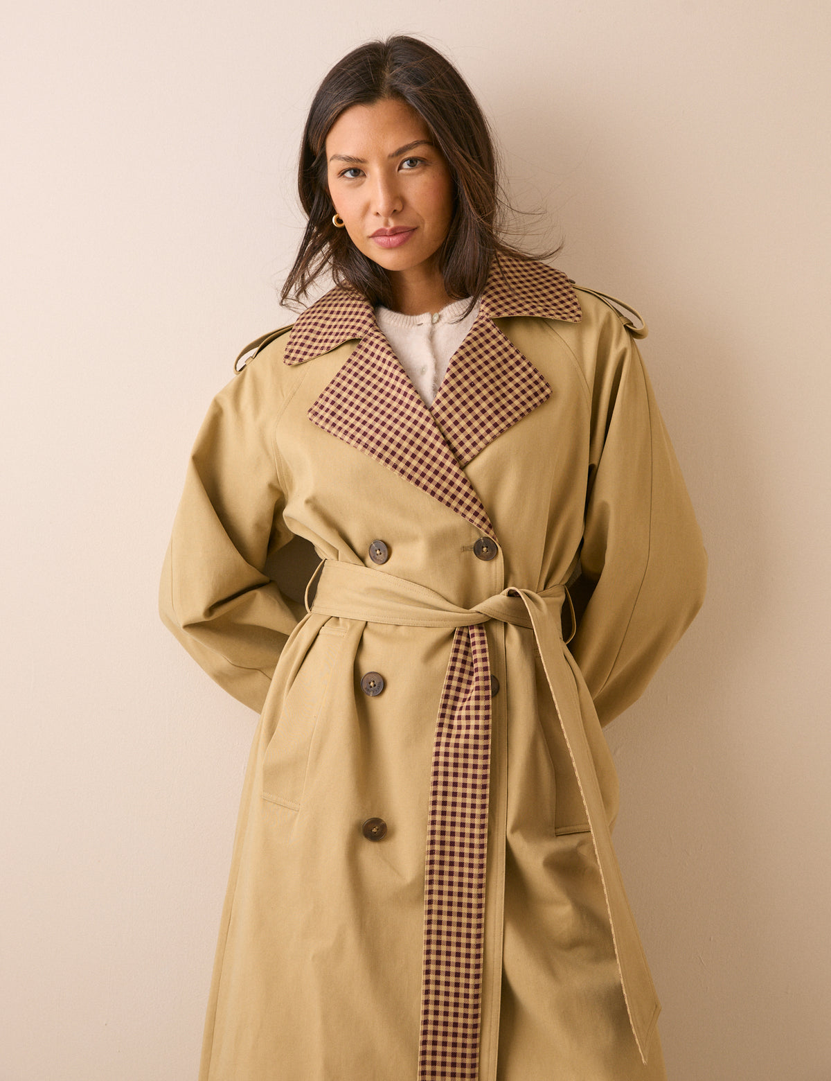 Camel Gingham Trim Trench Coat