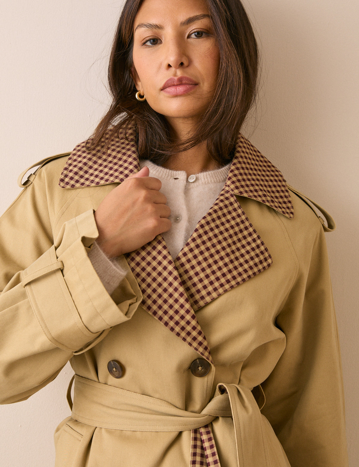 Camel Gingham Trim Trench Coat
