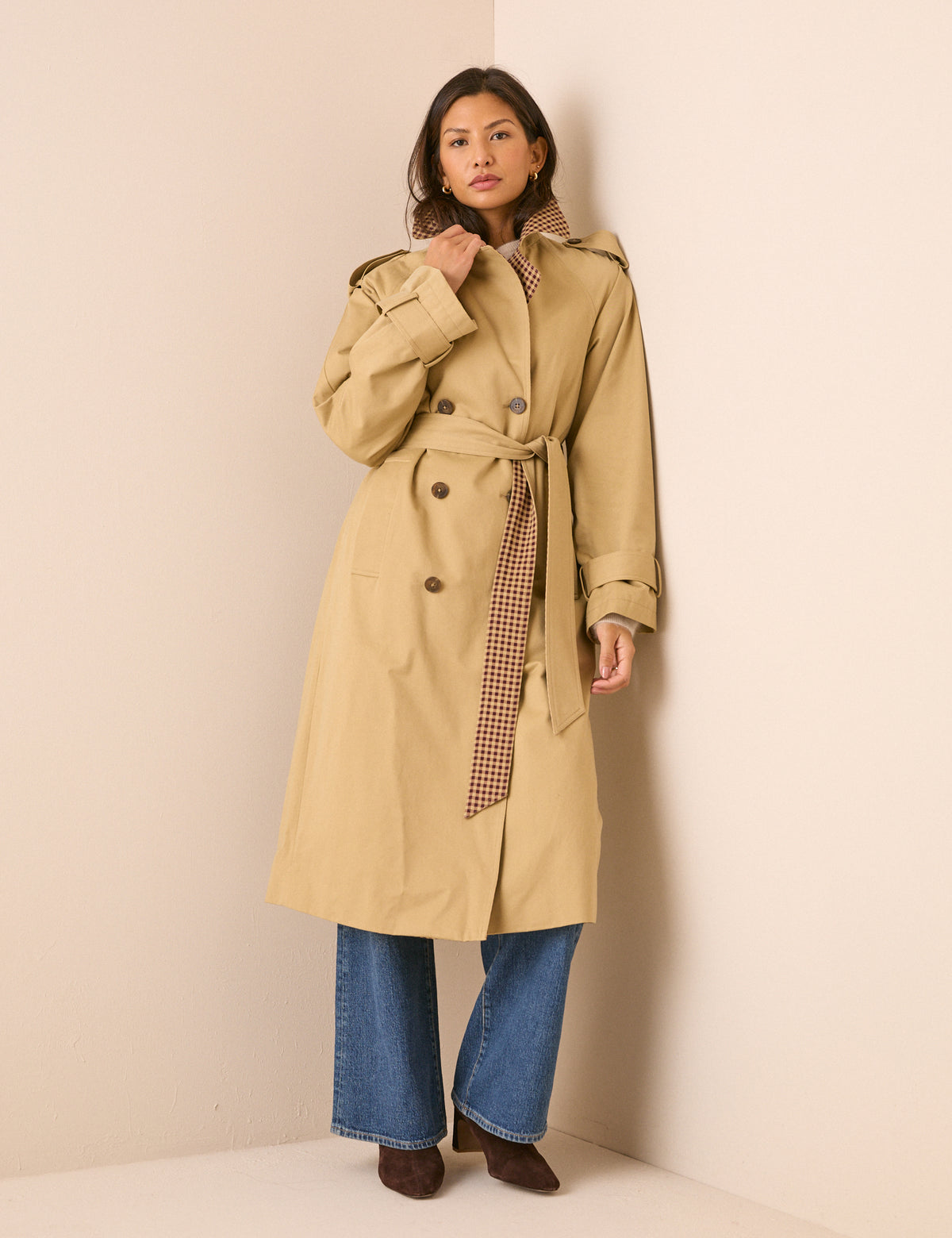 Camel Gingham Trim Trench Coat