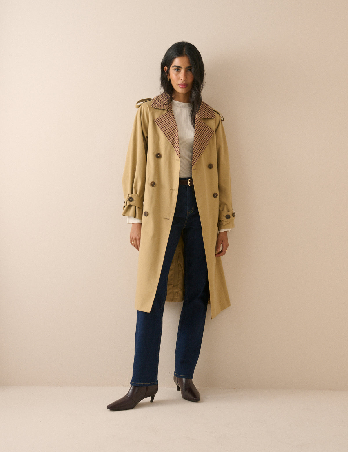 Camel Gingham Trim Trench Coat