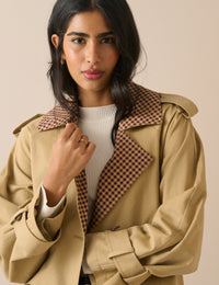Camel Gingham Trim Trench Coat