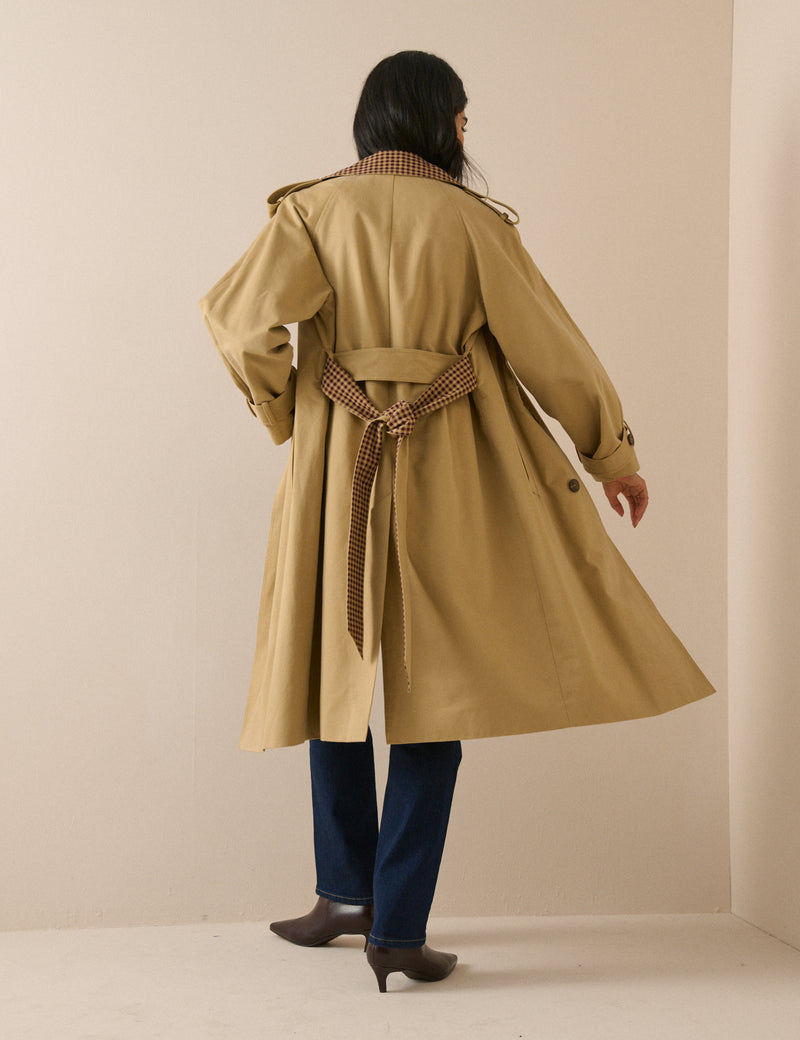 Camel Gingham Trim Trench Coat